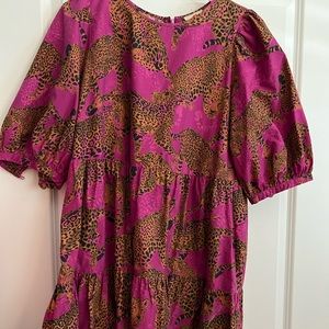 Farm Rio Leopard Print Short Sleeve Dress, Size Large
